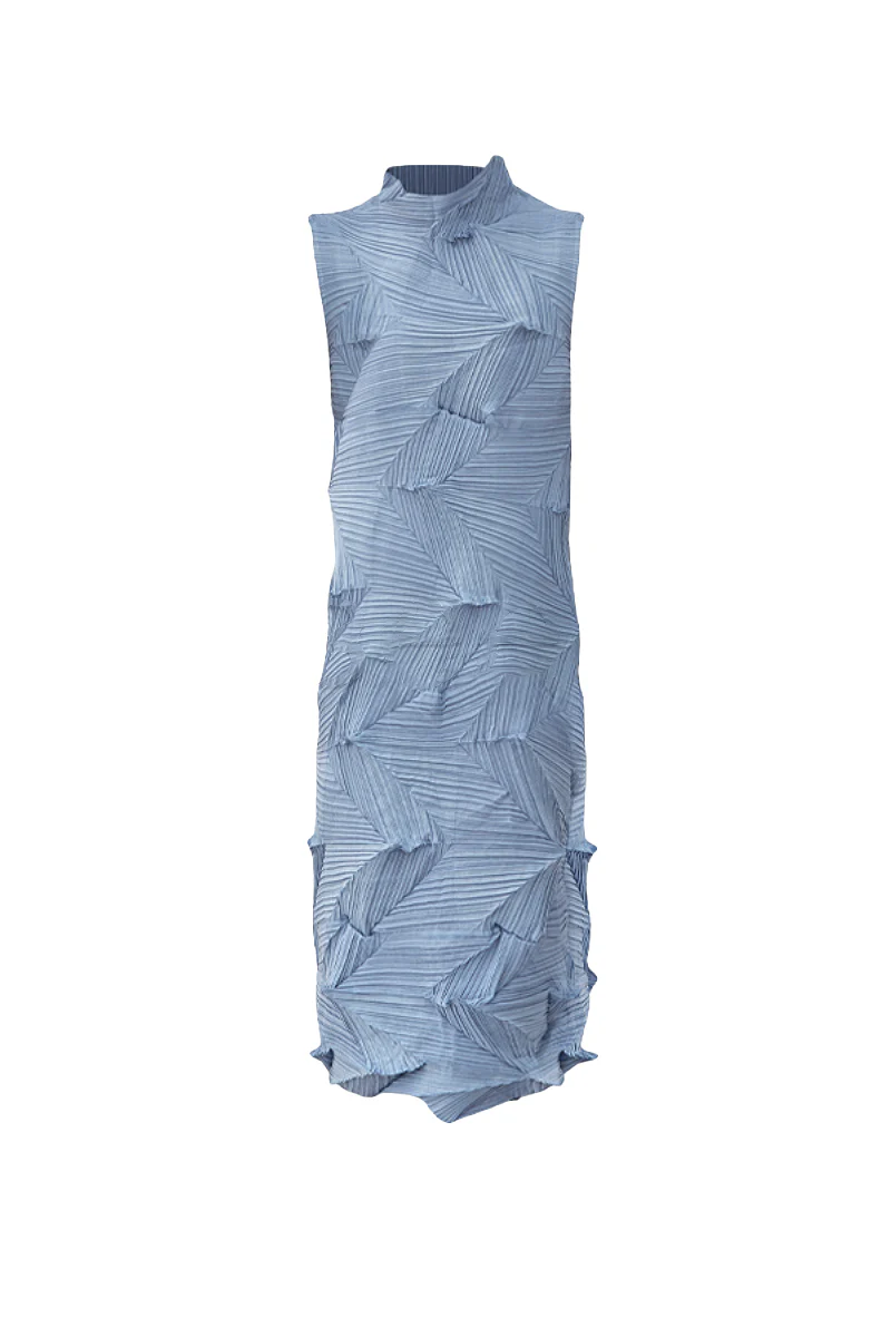 Designer Inspired Pleated Sleeveless Midi Dress in Blue - HBQMJX