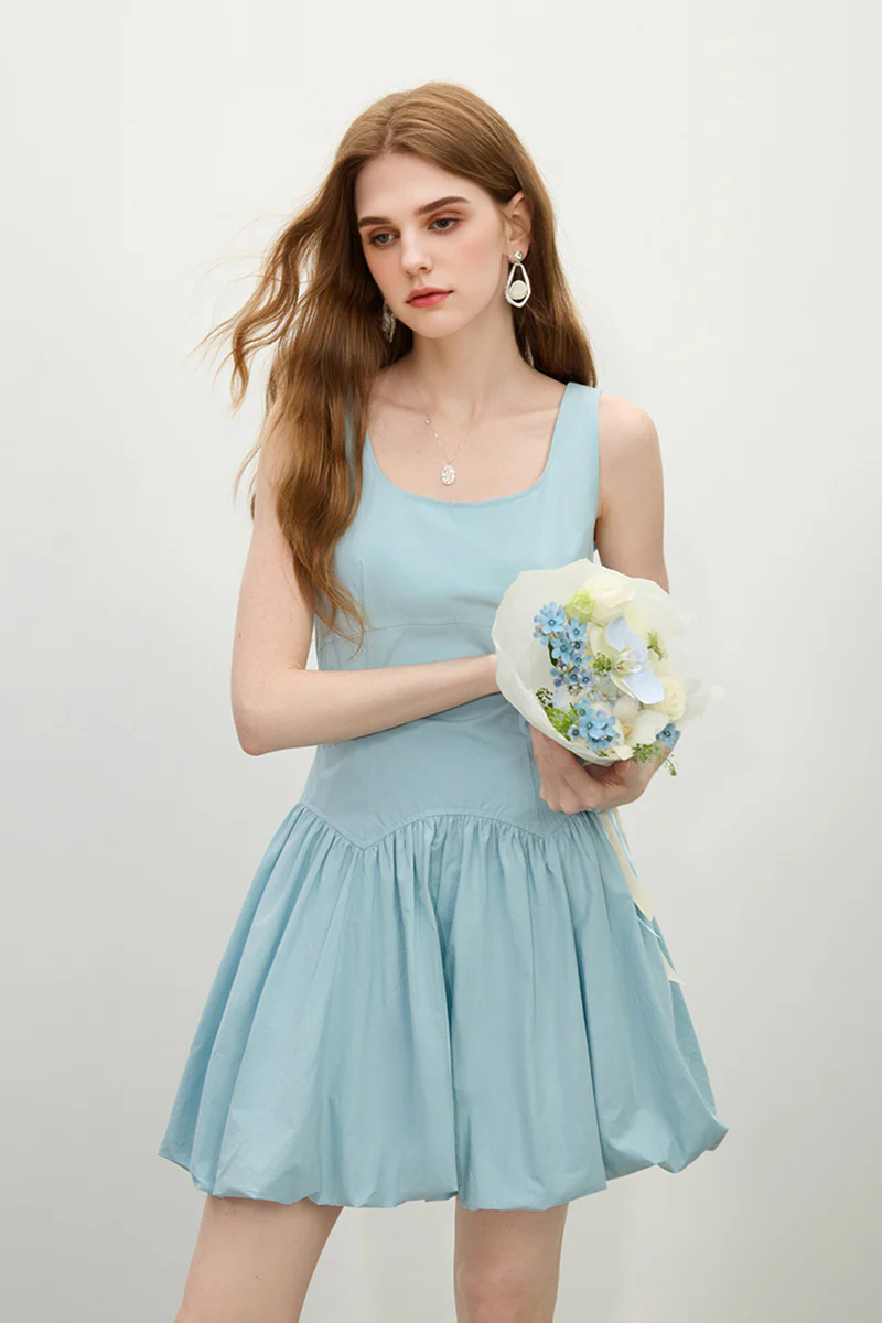 Baby Blue 100 Cotton Sleeveless Scoop-Neck Bubble Mini Dress - HBQMJX