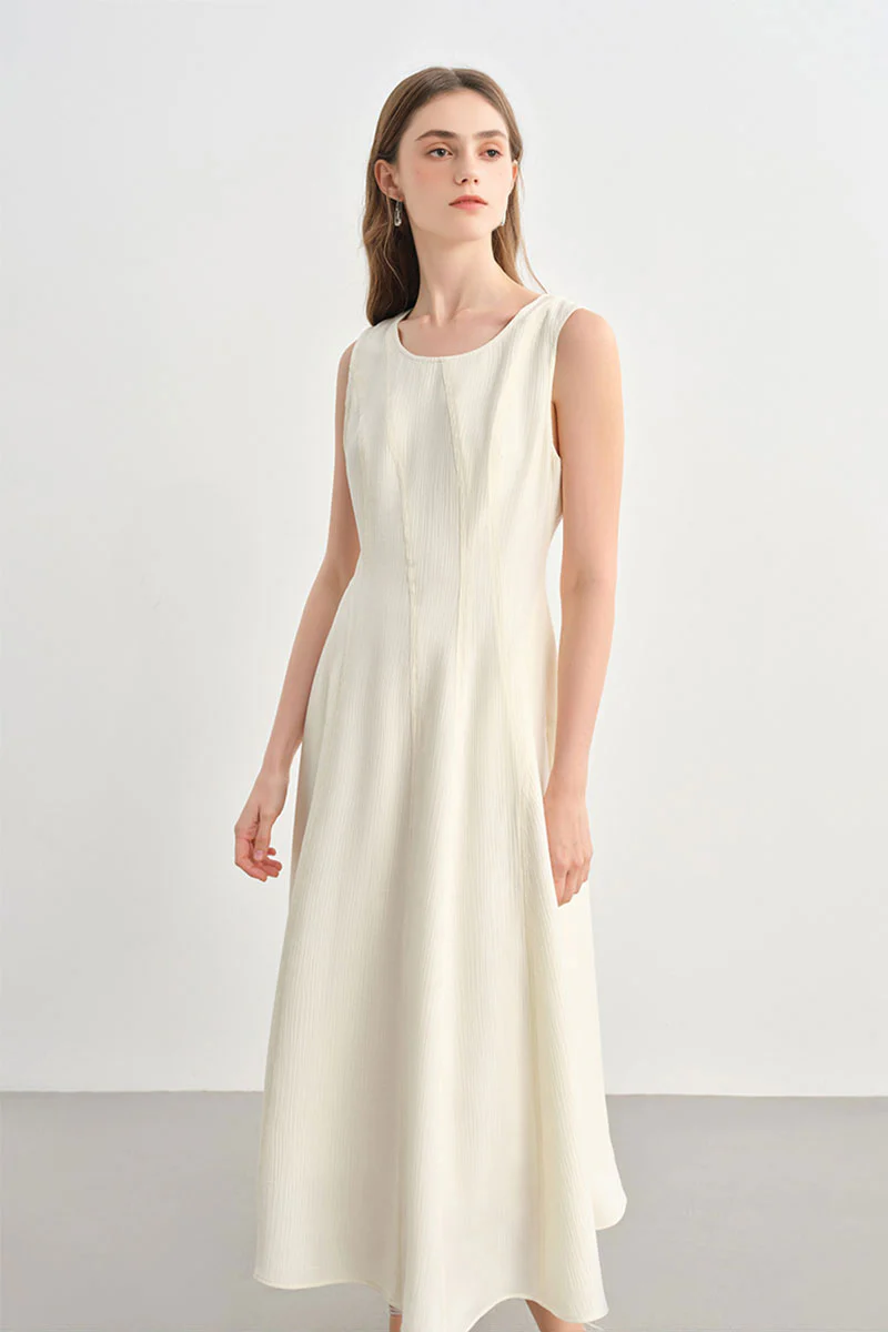 White Sleeveless A-Line Midi Dress - HBQMJX