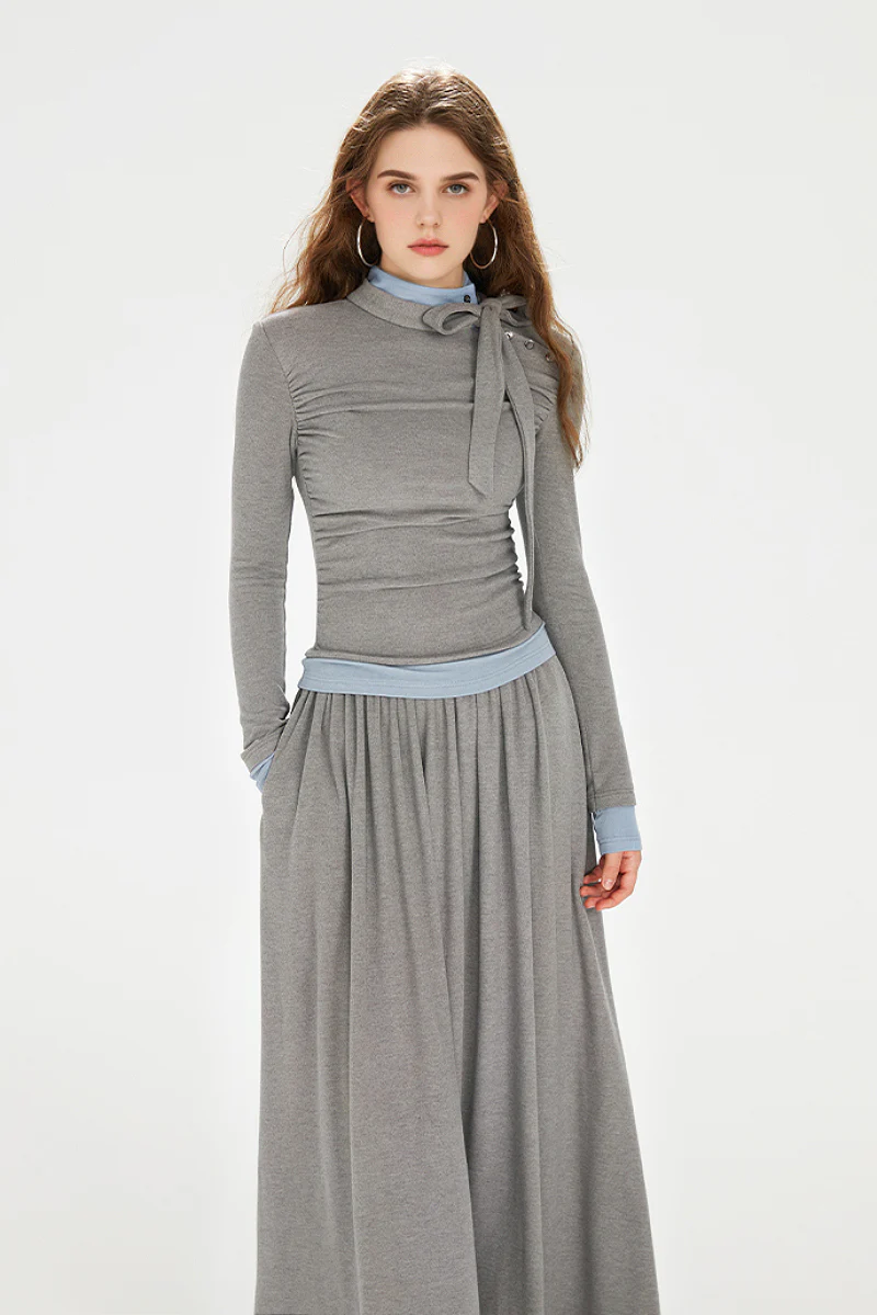 Long-Sleeve Ruched Fit & Flare Maxi Dress with Bow - HBQMJX