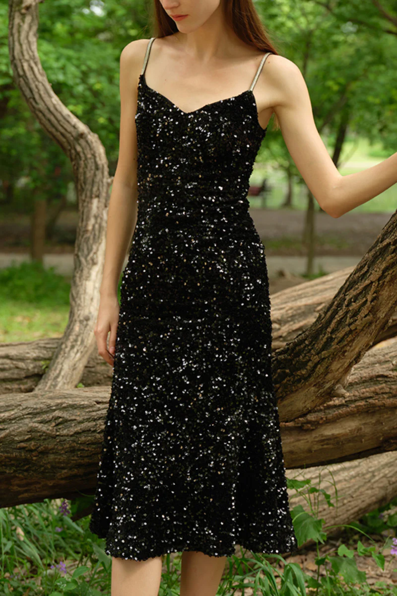 Black Sequin V-Neck Spaghetti-Strap Midi Dress - HBQMJX
