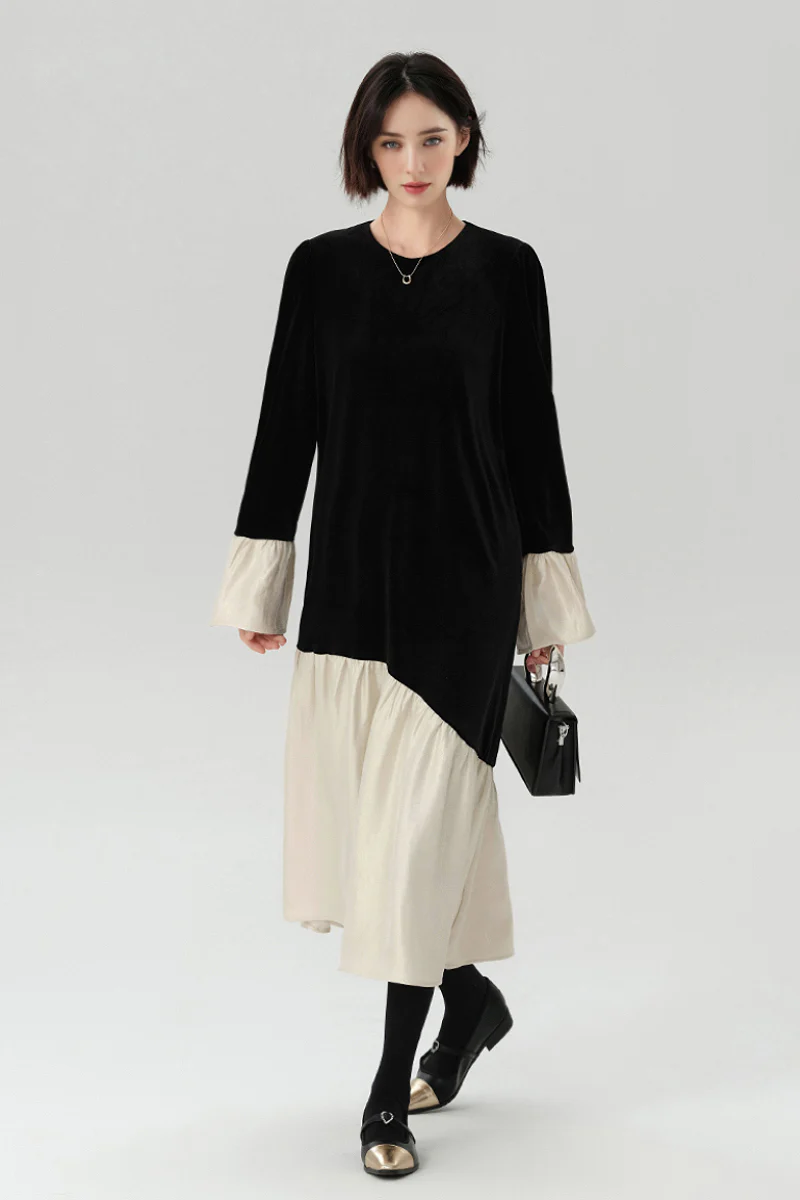 Asymmetric Patchwork Long-Sleeve Velvet Dress - HBQMJX
