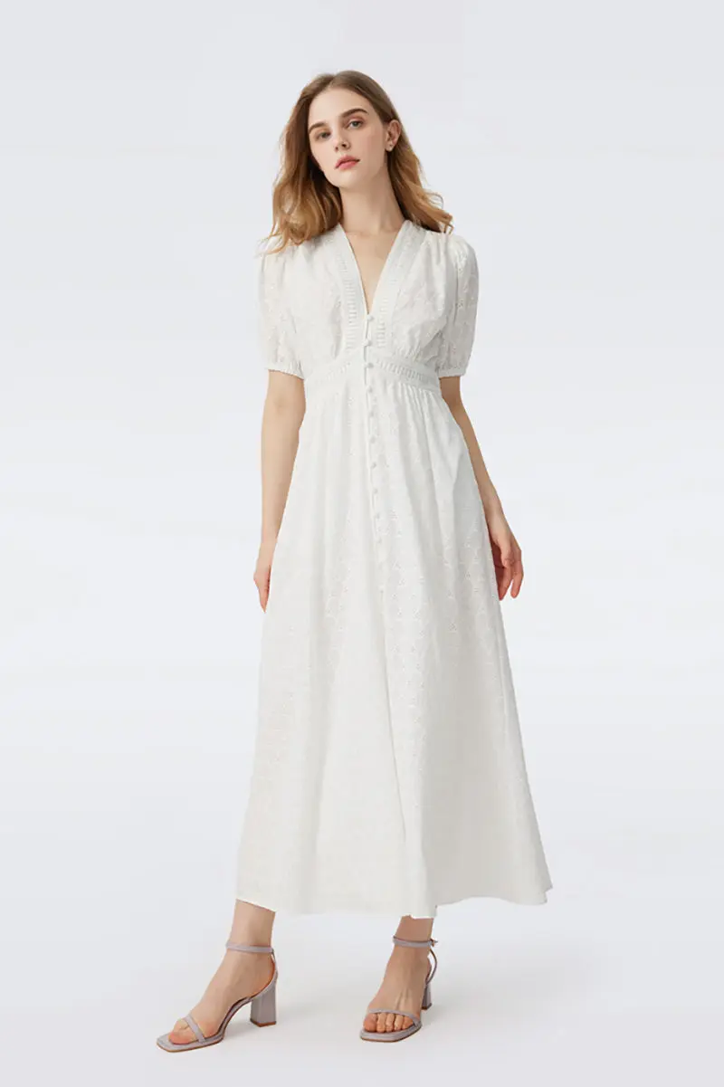 White 100 Cotton Eyelet-Embroidery Puff-Sleeve Midi Tea Dress - JIEEQQ