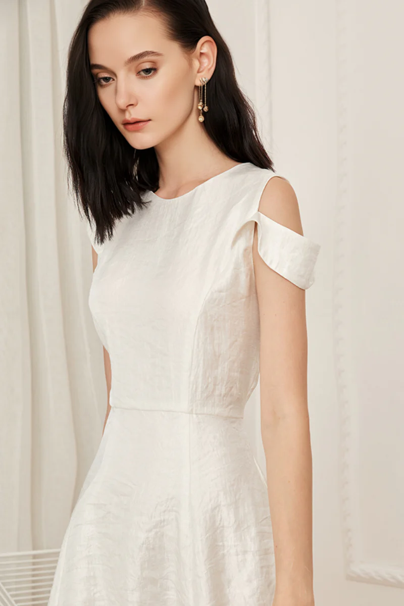 White Asymmetrical Sleeve Midi Graduation Dress - HBQMJX