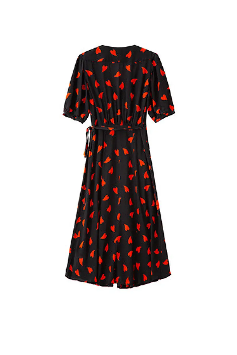 French-Inspired Silk Double Crepe Heart Wrap Midi Dress - HBQMJX