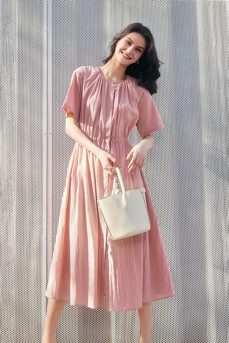 Summer Cinched Waist Midi Dress with Pockets - HBQMJX