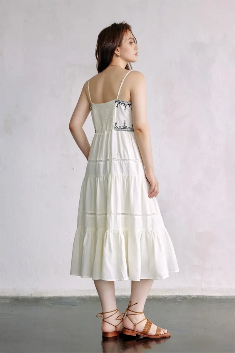 White Tiered Embroidered Spaghetti-Strap Midi Dress - HBQMJX