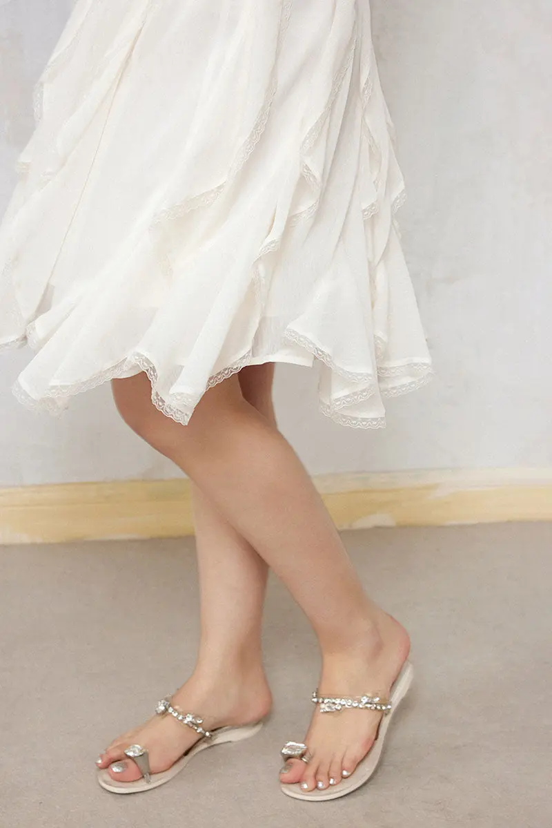 White Chiffon Spaghetti-Strap Ruffled Midi Dress with Lace Trim - HBQMJX