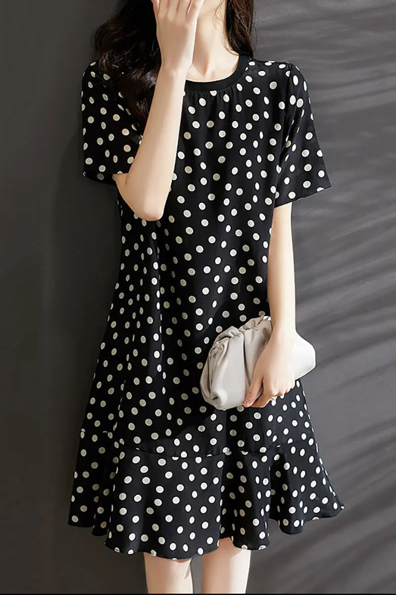 100 Mulberry Silk Black Polka-Dot Ruffle Midi Dress - HBQMJX