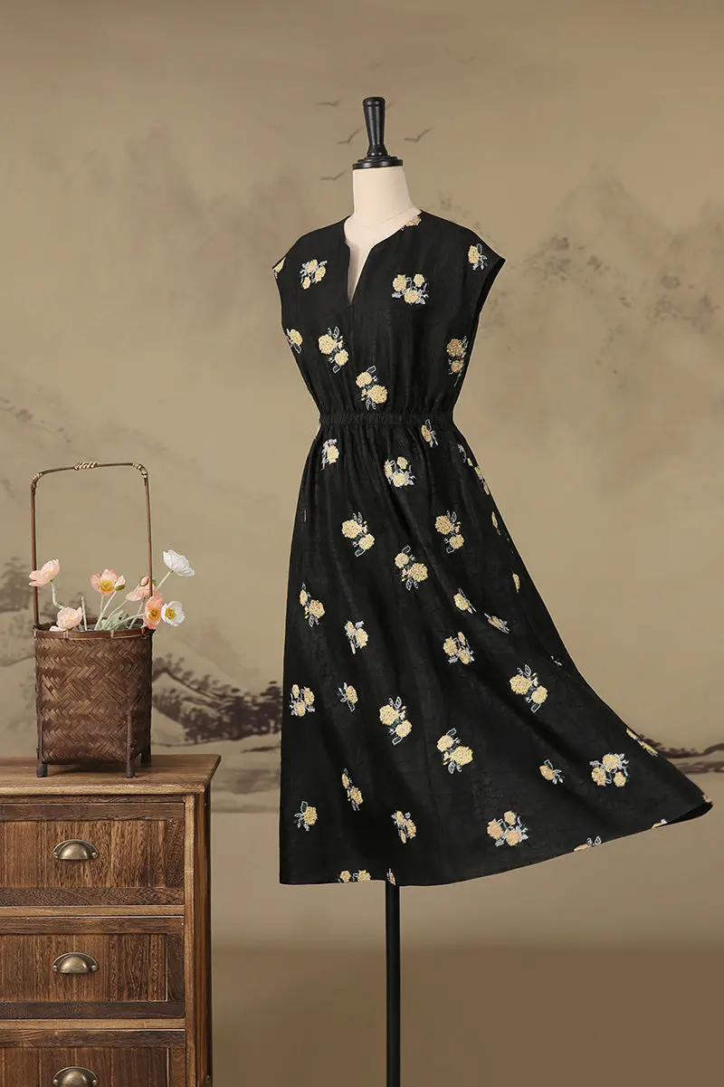 Xiang Yun Silk Floral Hand-Embroidery Midi Dress - HBQMJX