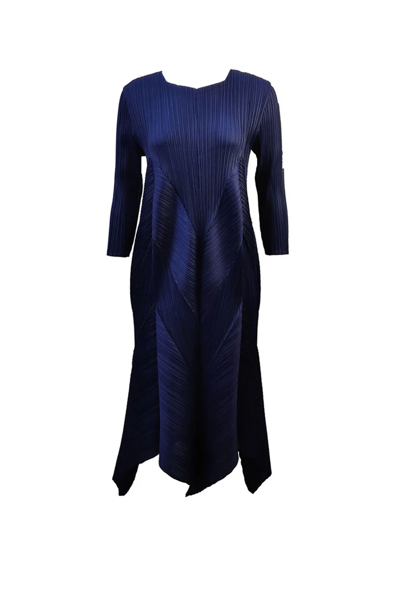 Pleated Long-Sleeve Midi Dress with Tulip Hem - HBQMJX