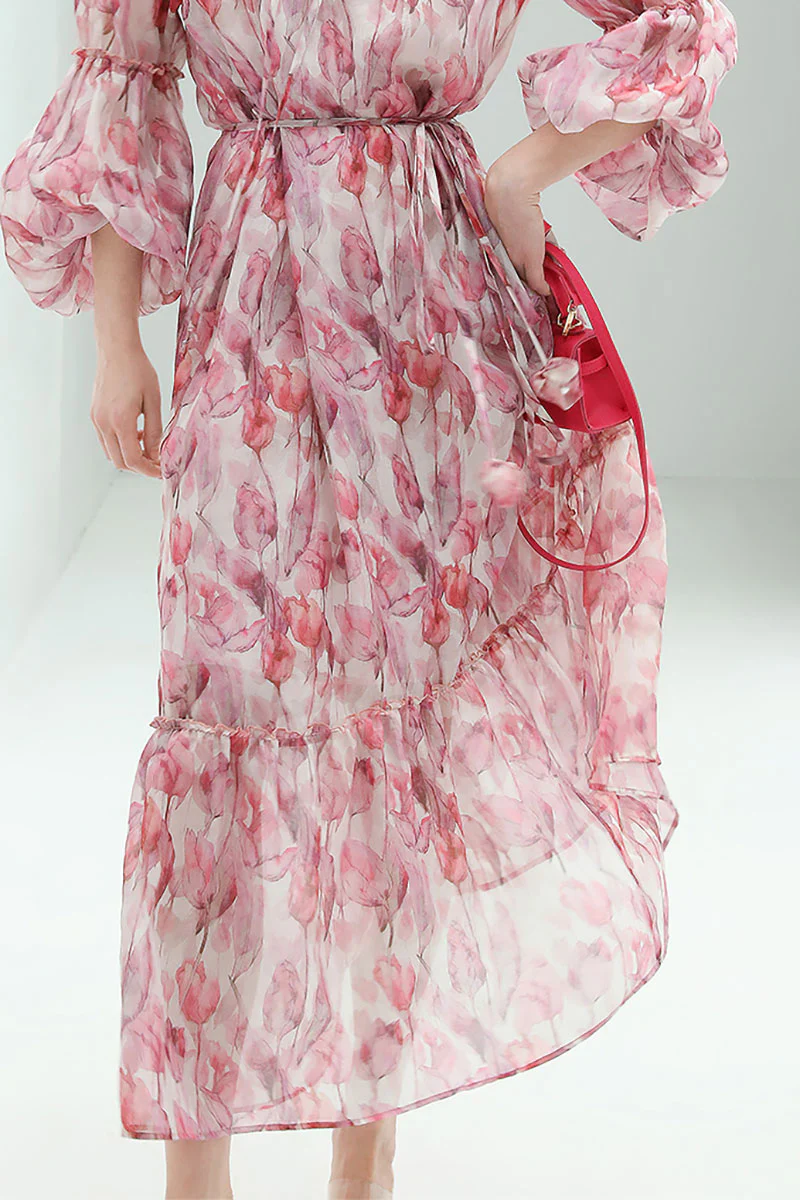 Boho Flower Balloon-Sleeve V-Neck Chiffon Maxi Dress with Underdress - HBQMJX