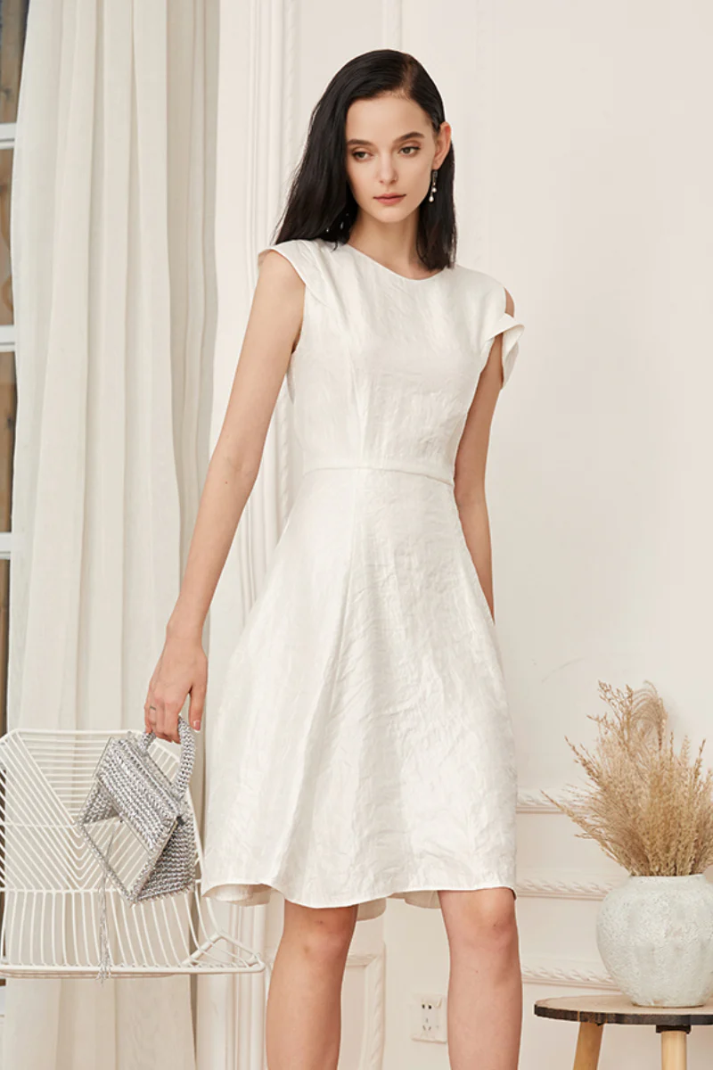 White Asymmetrical Sleeve Midi Graduation Dress - HBQMJX