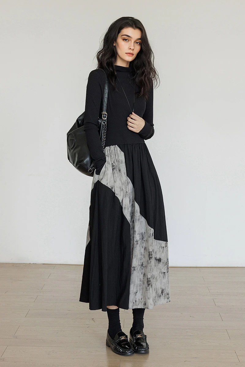 Fit & Flare Long-Sleeve Midi Dress with Lace Patchwork - HBQMJX