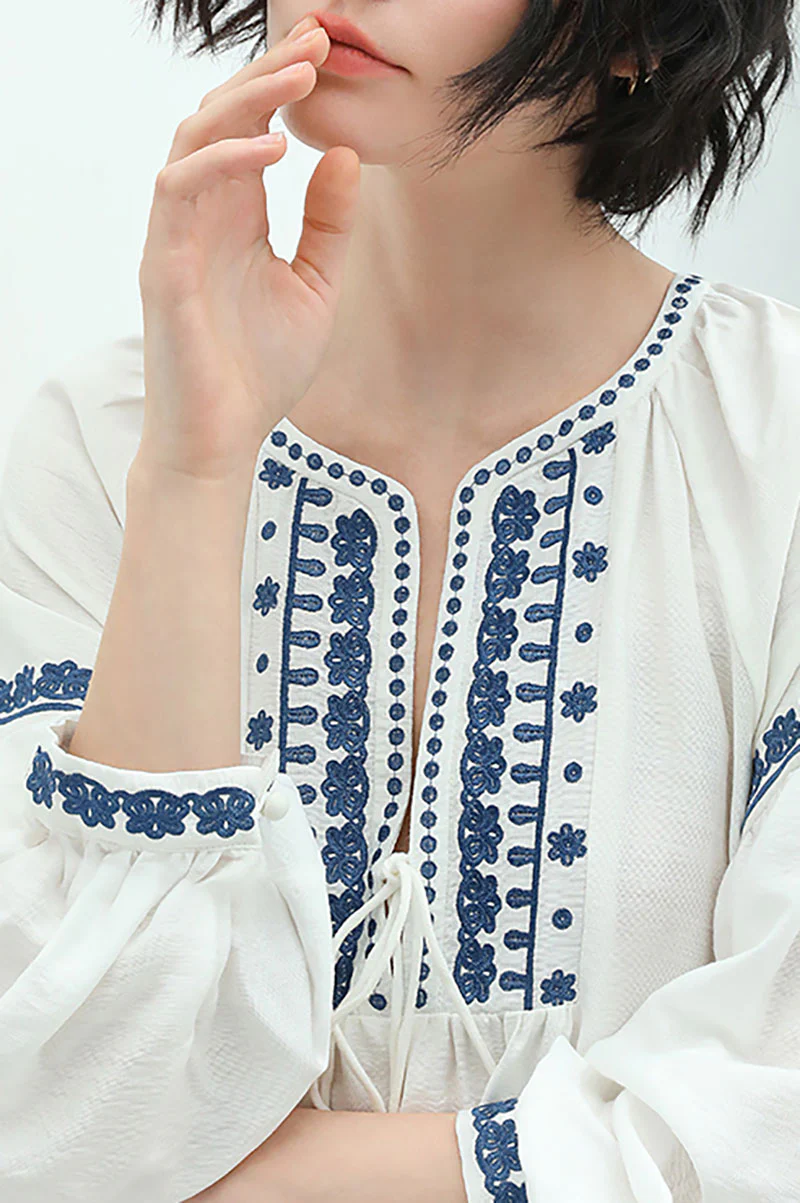 Boho Embroidered Long-Sleeve Split-Neck Maxi Dress - HBQMJX