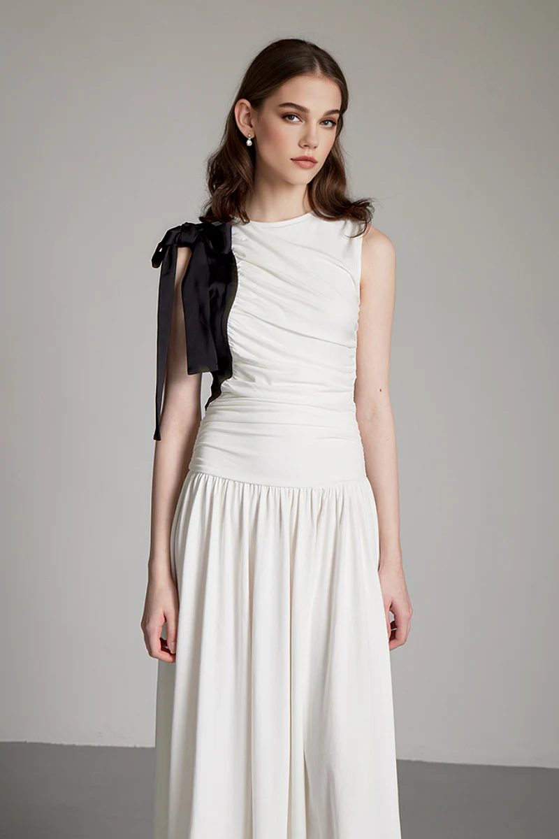 Sleeveless One-Shoulder-Tie Ruched Maxi Dress - HBQMJX