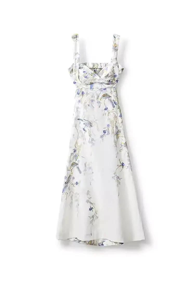 Backless Floral Linen Dress - HBQMJX