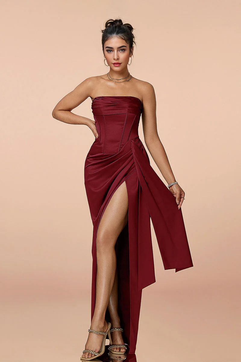 Satin Strapless Corset Bodycon Maxi Dress with High Slit - HBQMJX