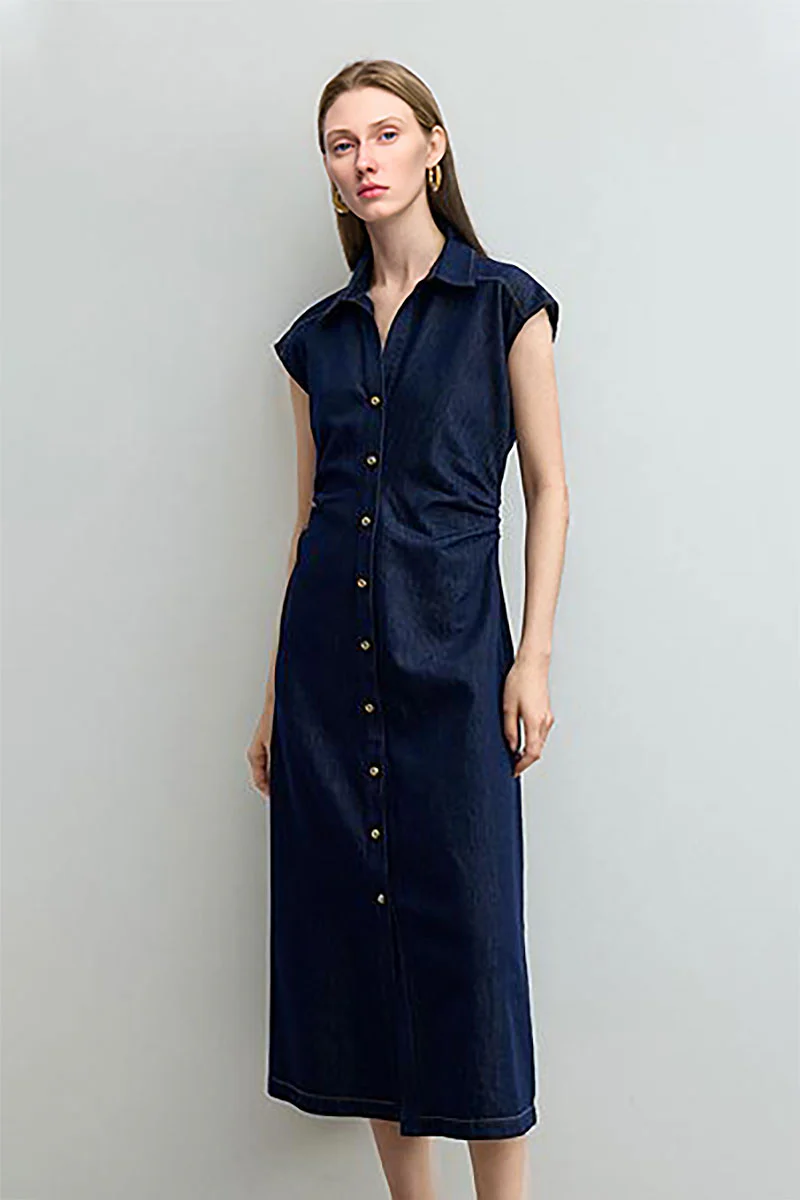 Tencel Denim Cap-Sleeve Button-Up Midi Shirt Dress with Ruched Waist - HBQMJX