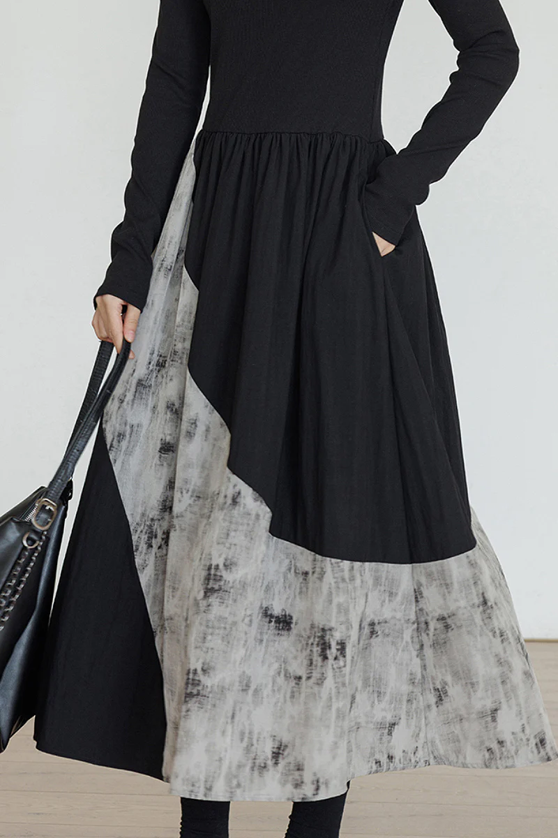 Fit & Flare Long-Sleeve Midi Dress with Lace Patchwork - HBQMJX