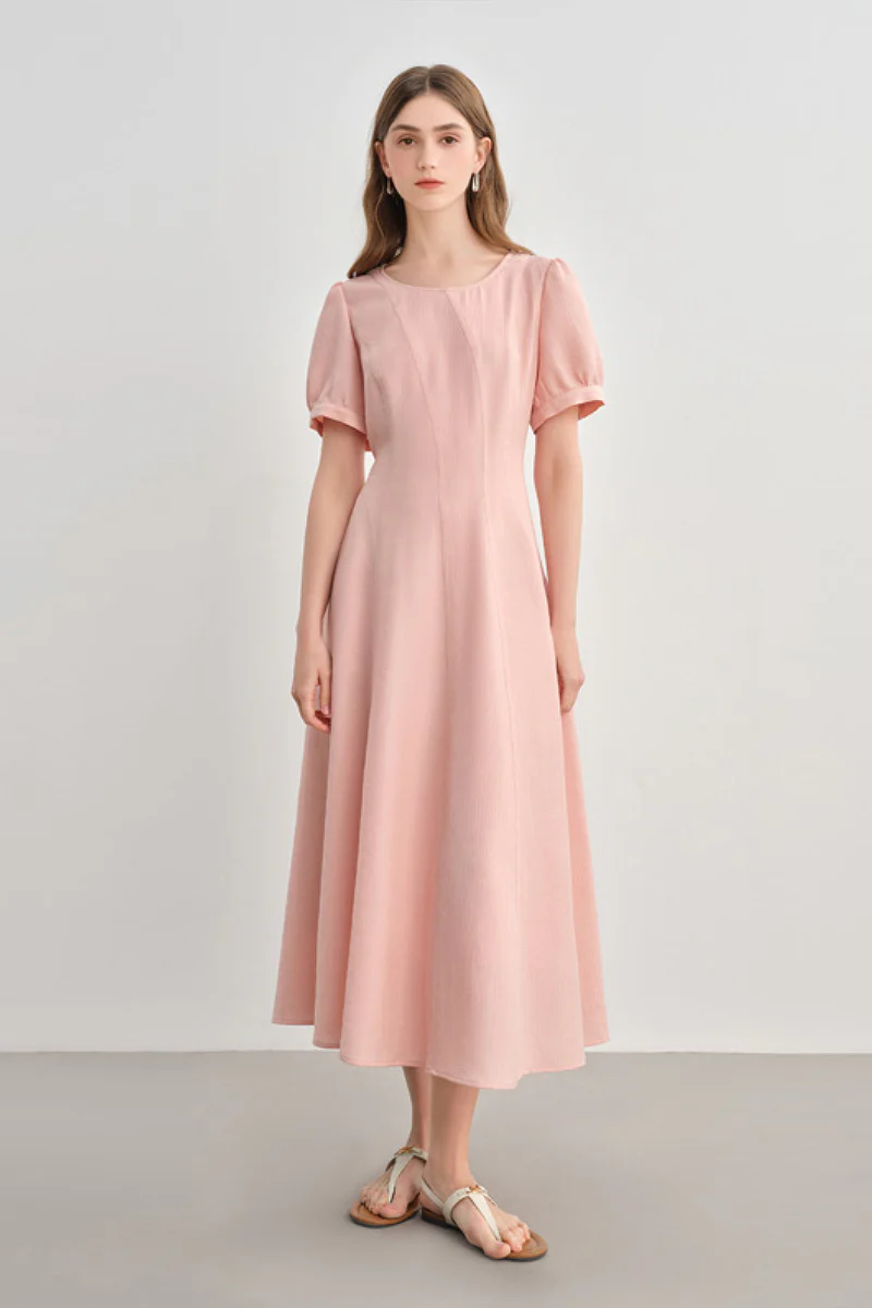 Pink Short-Sleeve A-Line Midi Dress - HBQMJX
