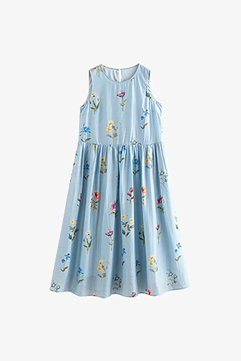 Blue Floral Linen Sleeveless Fit & Flare Midi Dress - HBQMJX