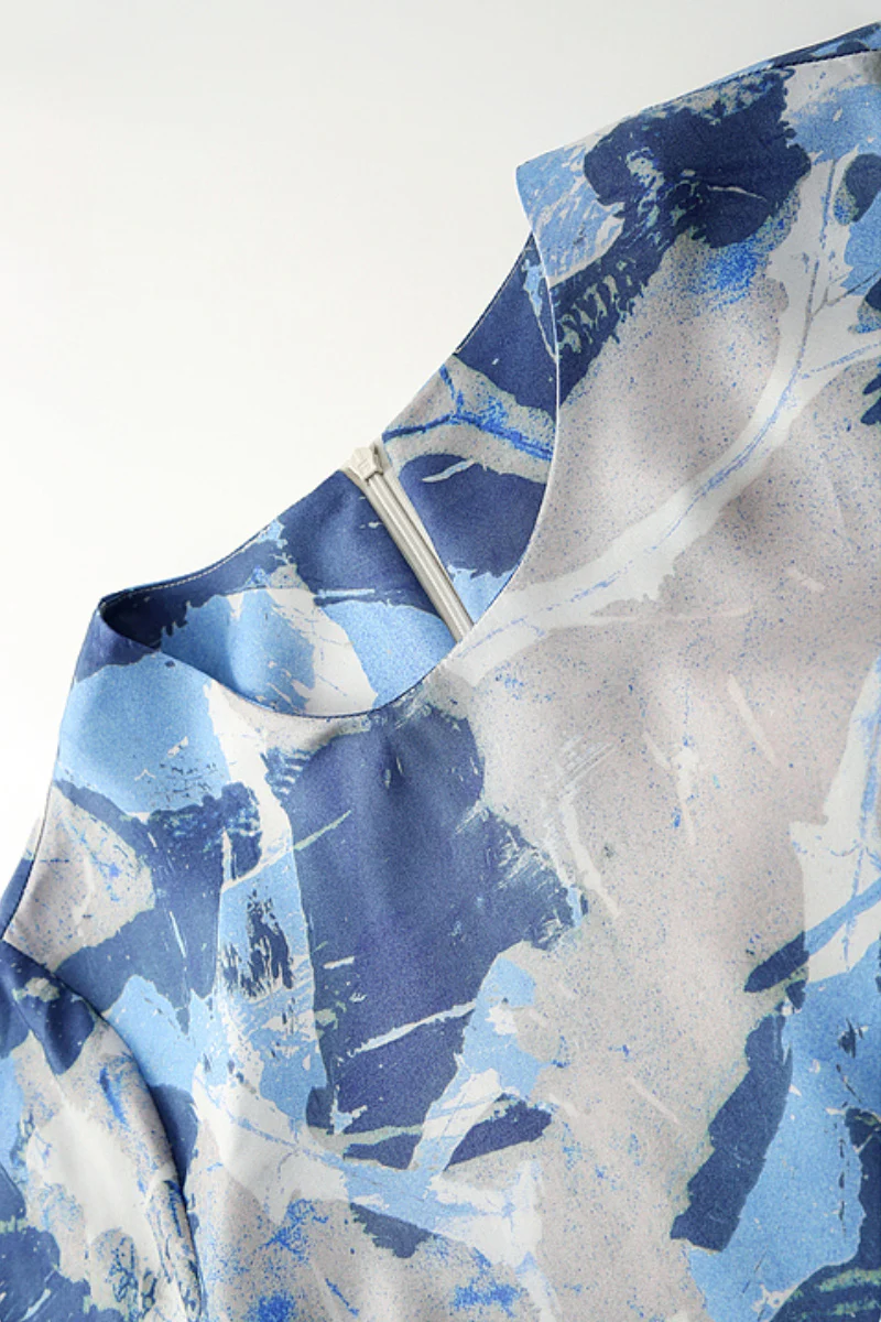 100% Silk Floral Midi Shift Dress with Pockets in Blue - HBQMJX