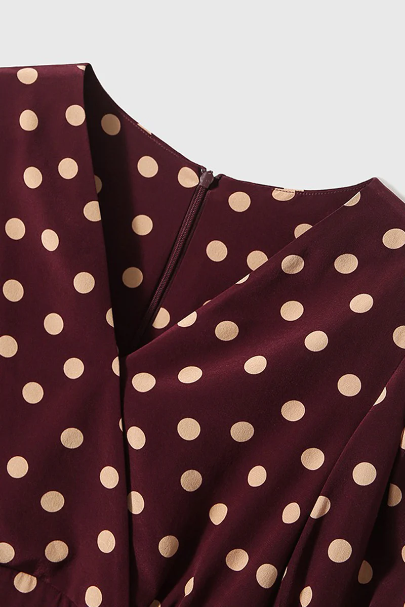 100 Mulberry Silk Red Polka-Dot Midi Tea Dress - HBQMJX