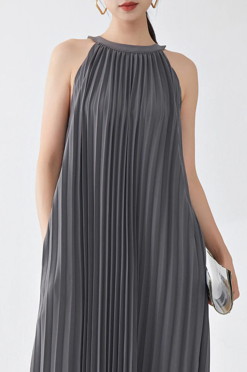Designer Inspired Pleated Flowy Halter-Neck Midi Dress in Grey - HBQMJX