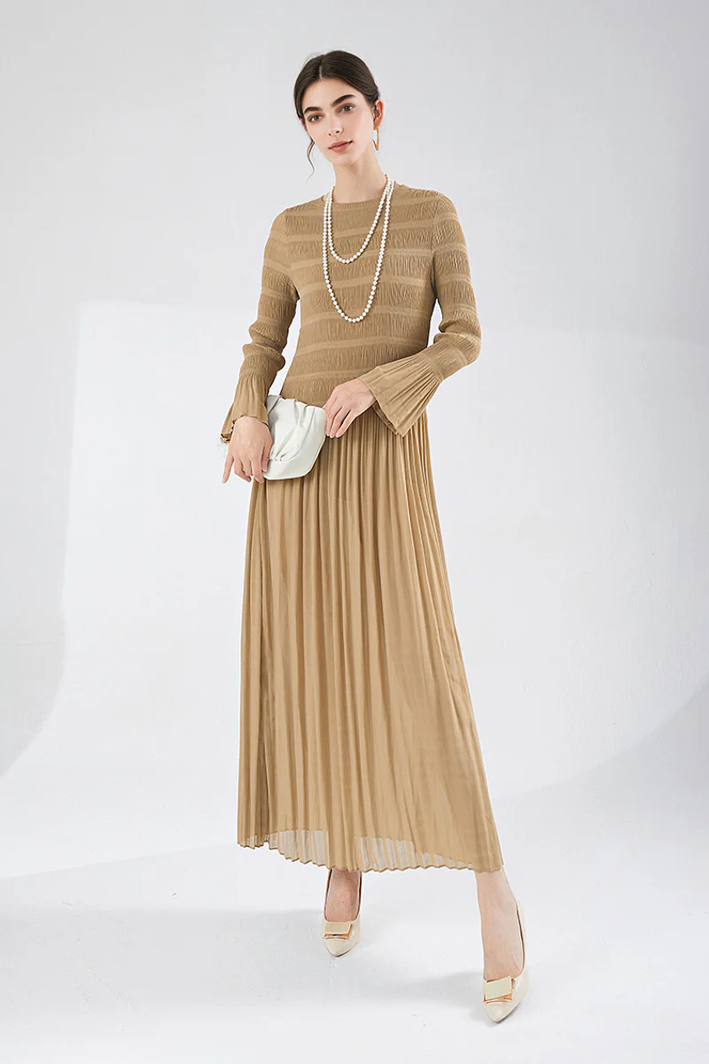 Designer Inspired Pleated Long Sleeve Smocked Maxi Dress - HBQMJX