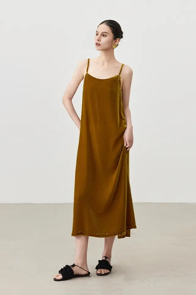 Summer Backless Silk Lined Velvet Slip Dress - HBQMJX
