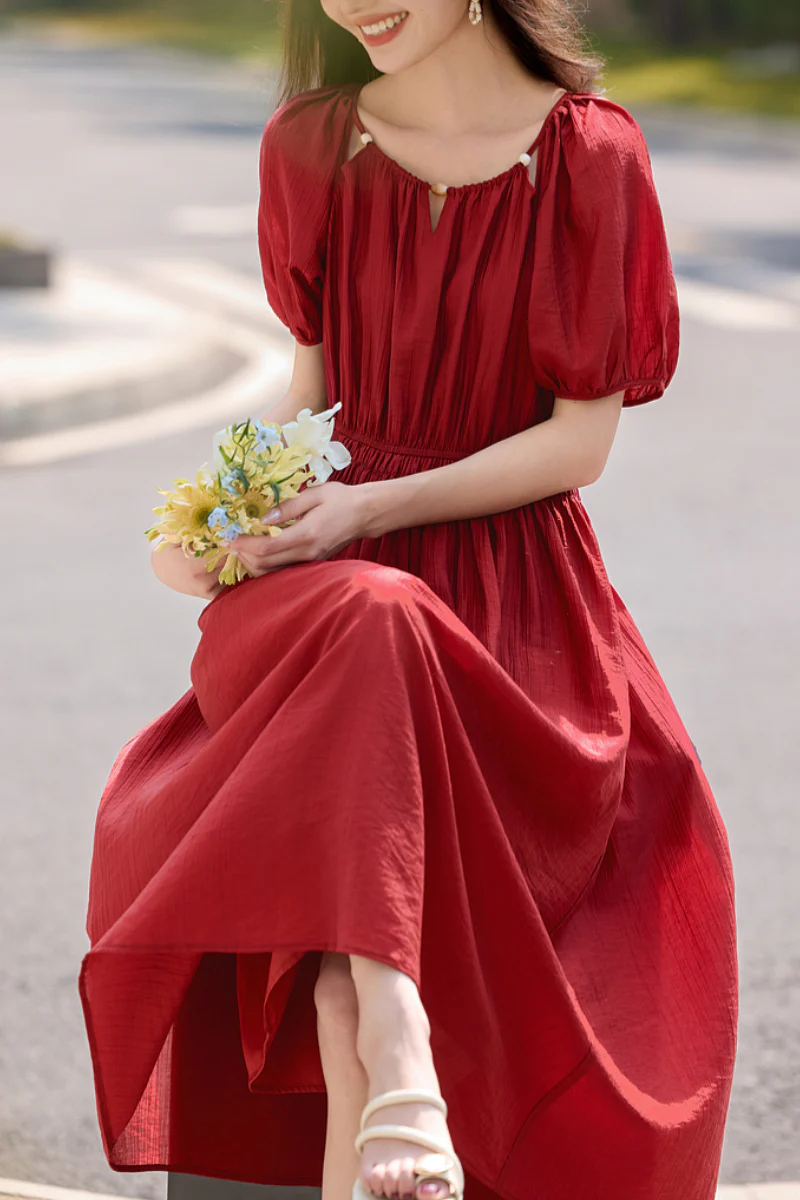 Red Beaded Puff-Sleeve A-Line Midi Dress - HBQMJX