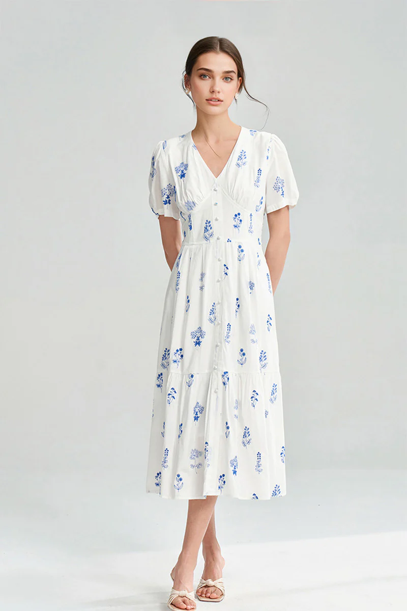 100 Cotton Floral Empire Waist A-Line Midi Sundress - HBQMJX