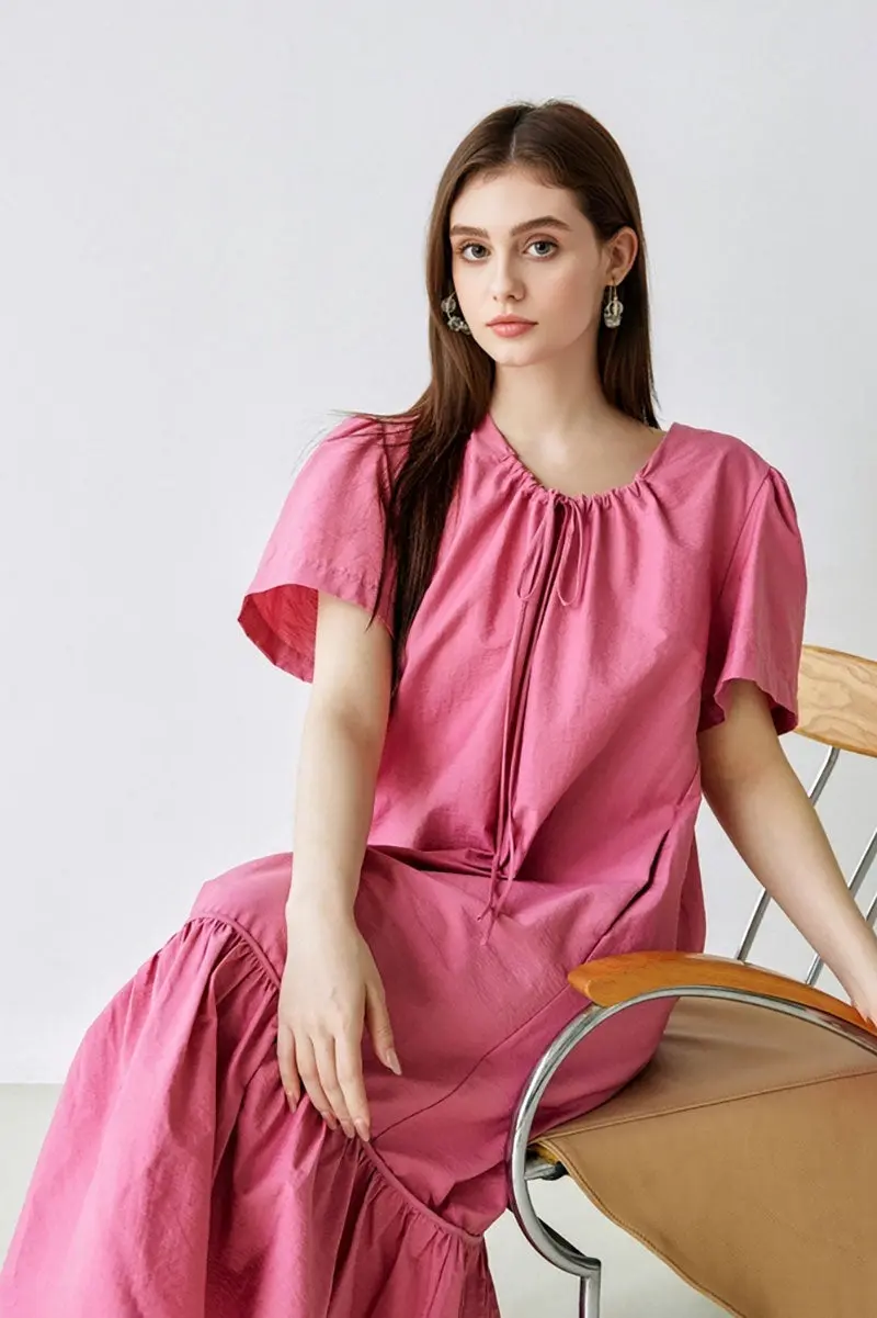 Pink Tiered Trapeze Tie-Neck Midi Dress - HBQMJX