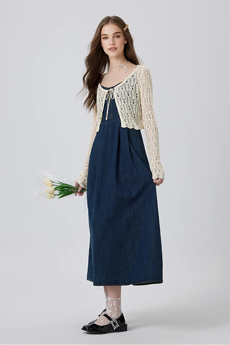 Denim Spaghetti-Strap Midi Dress With Pockets - HBQMJX