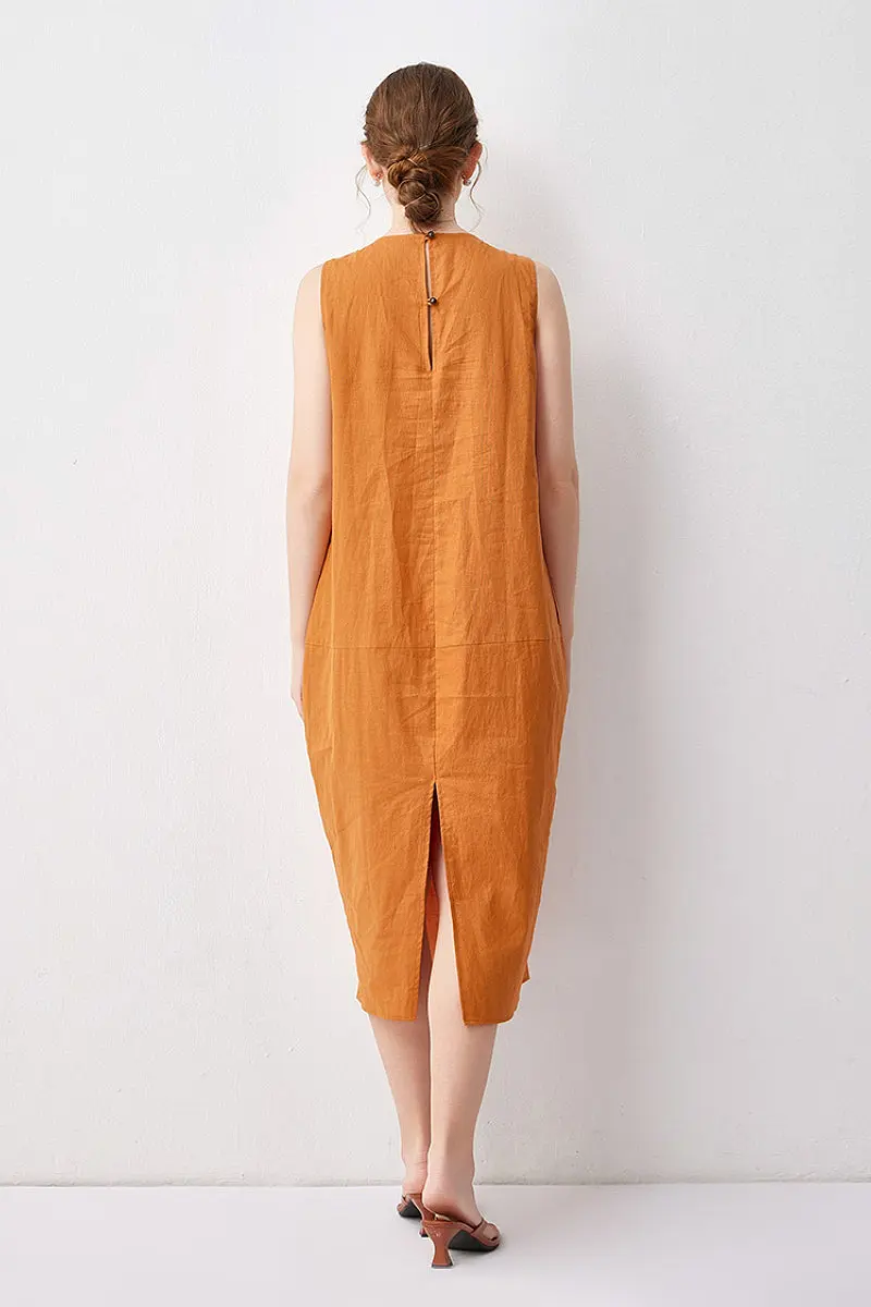 100 Linen Sleeveless Midi Dress With Back Slit - HBQMJX