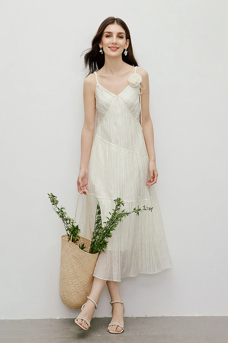 White V-Neck Spaghetti-Strap Textured Midi Dress - HBQMJX