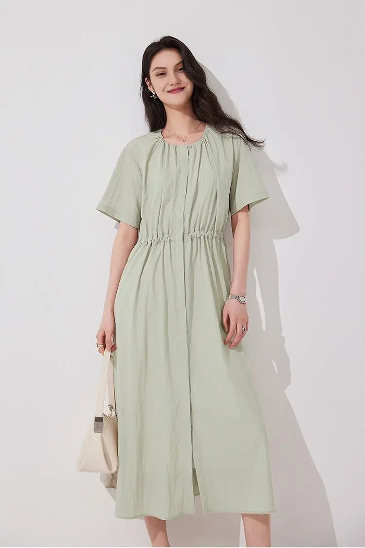 Summer Cinched Waist Midi Dress with Pockets - HBQMJX