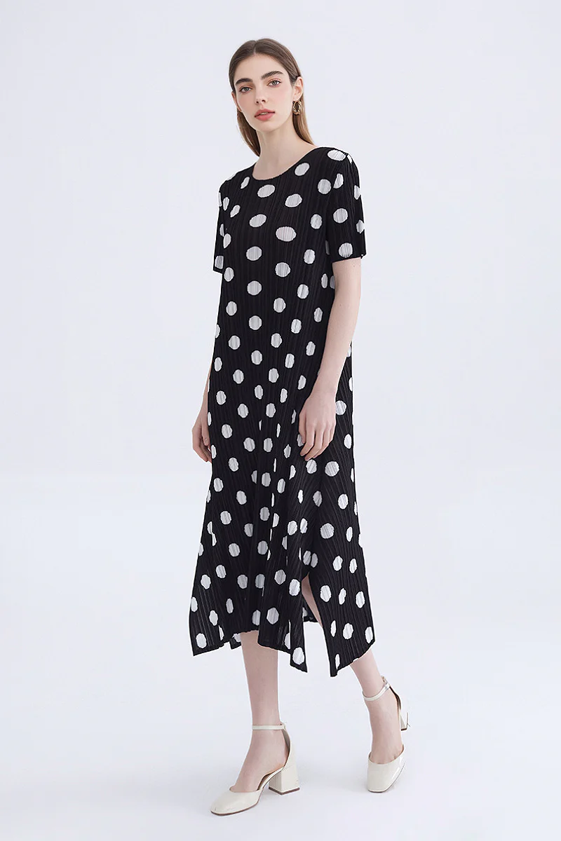 Designer Inspired Pleated Polka Dot Midi Dress - HBQMJX