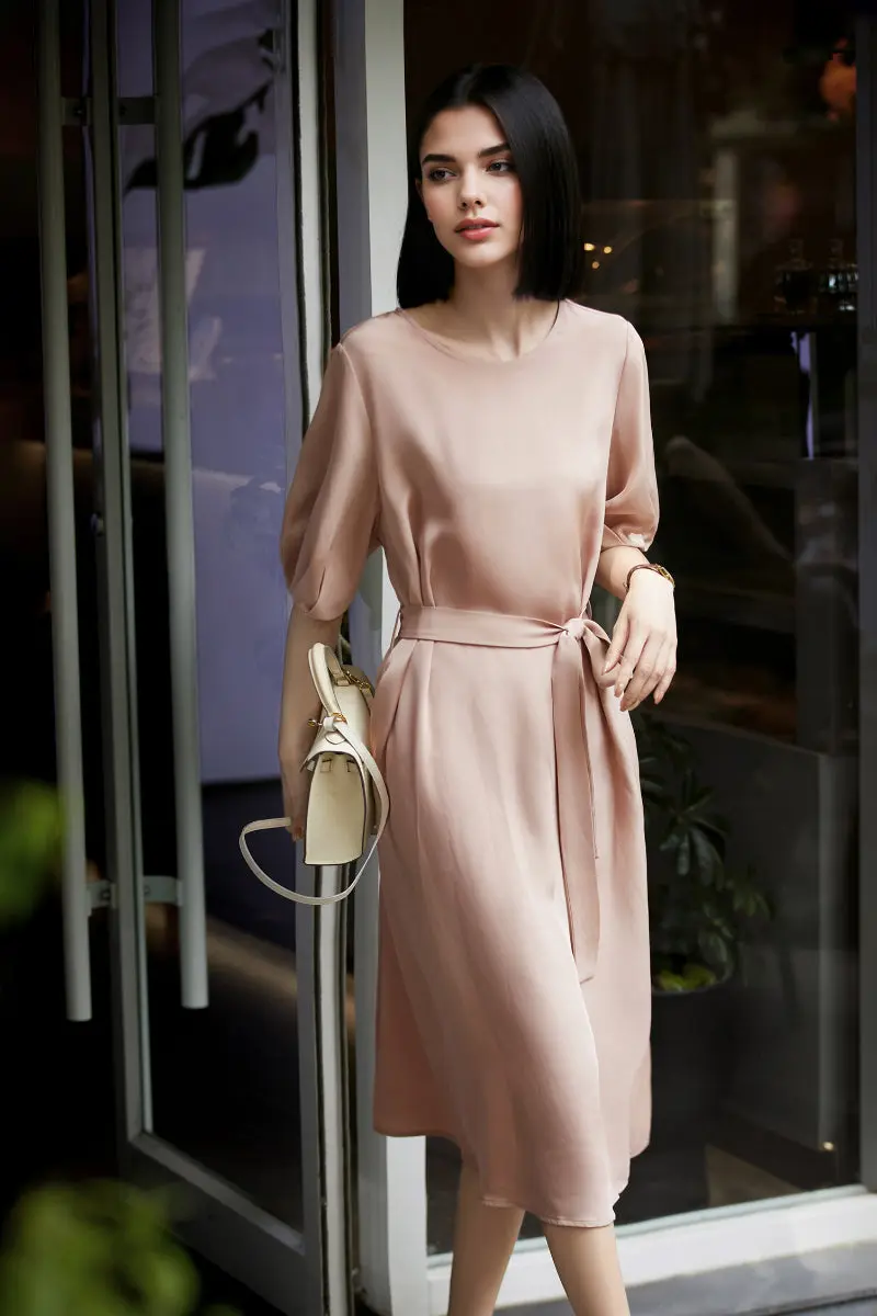 Pink 30MM Silk Crepe Belted Midi Dress - HBQMJX