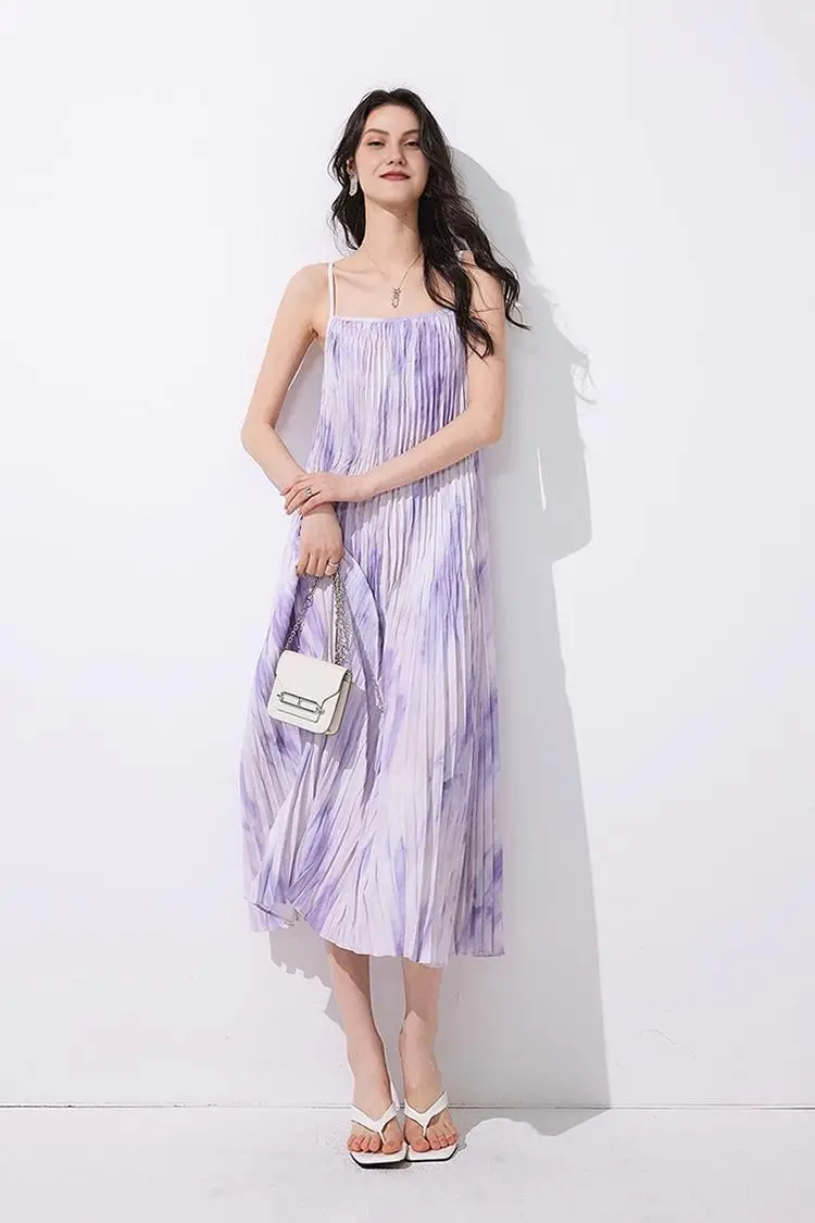 Tie Dye Pleated Spaghetti Strap Beach Dress - JIEEQQ