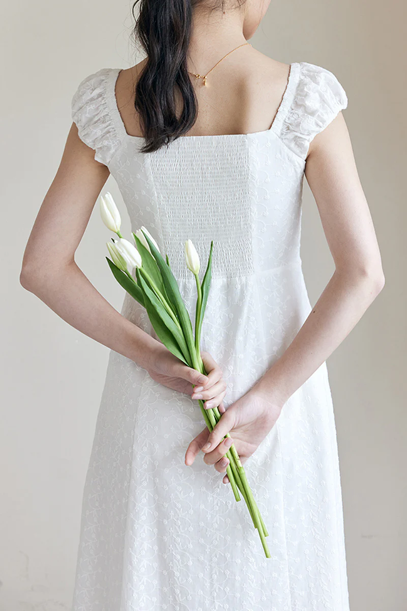 White Cotton Embroidery Off-Shoulder Midi Dress - HBQMJX