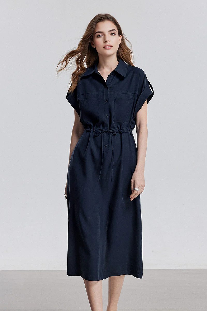 Blue Cap-Sleeve Shirt Midi Dress WIth Belt - HBQMJX