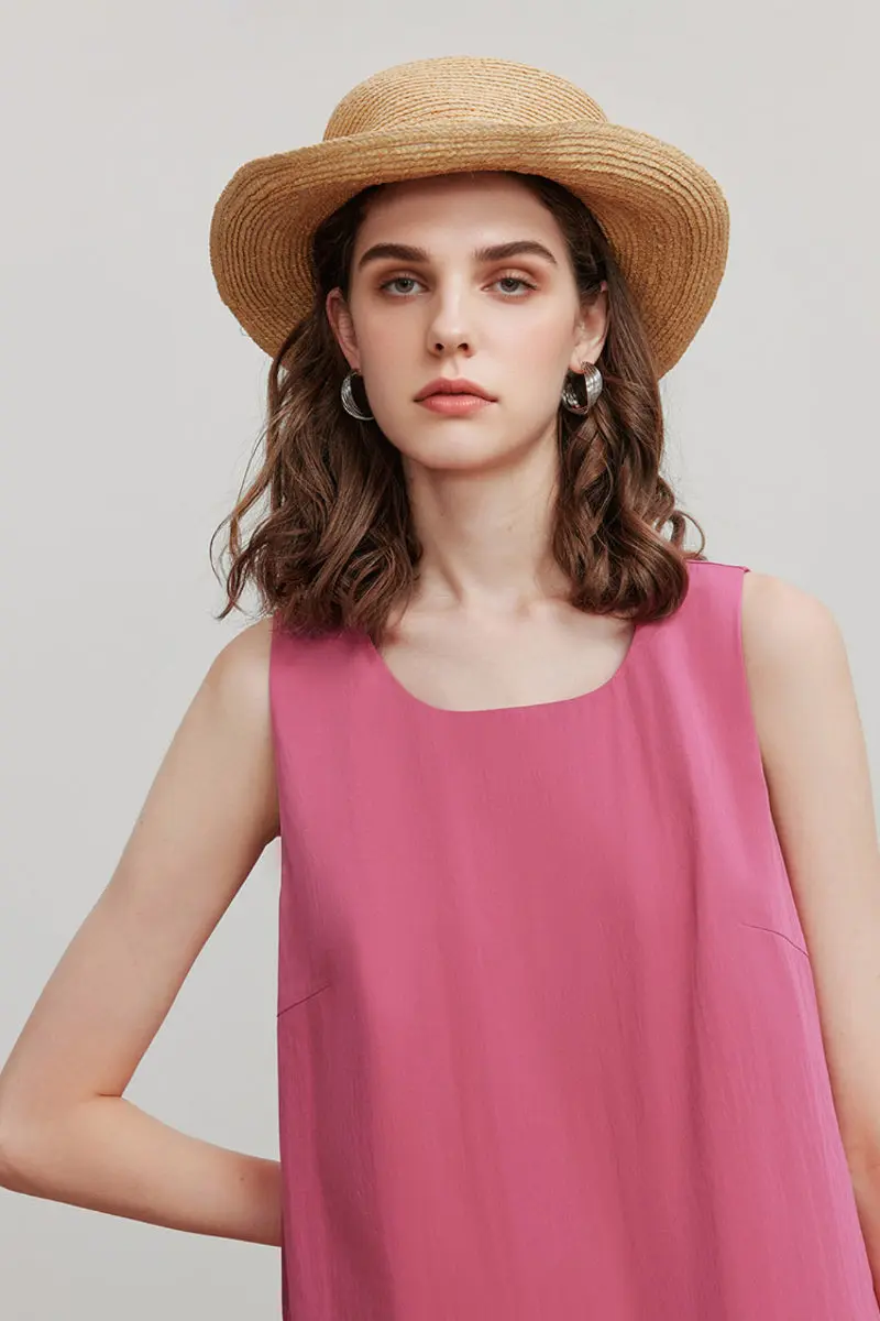 Pink Flowy Asymmetrical Sleeveless Trapeze Midi Dress - HBQMJX