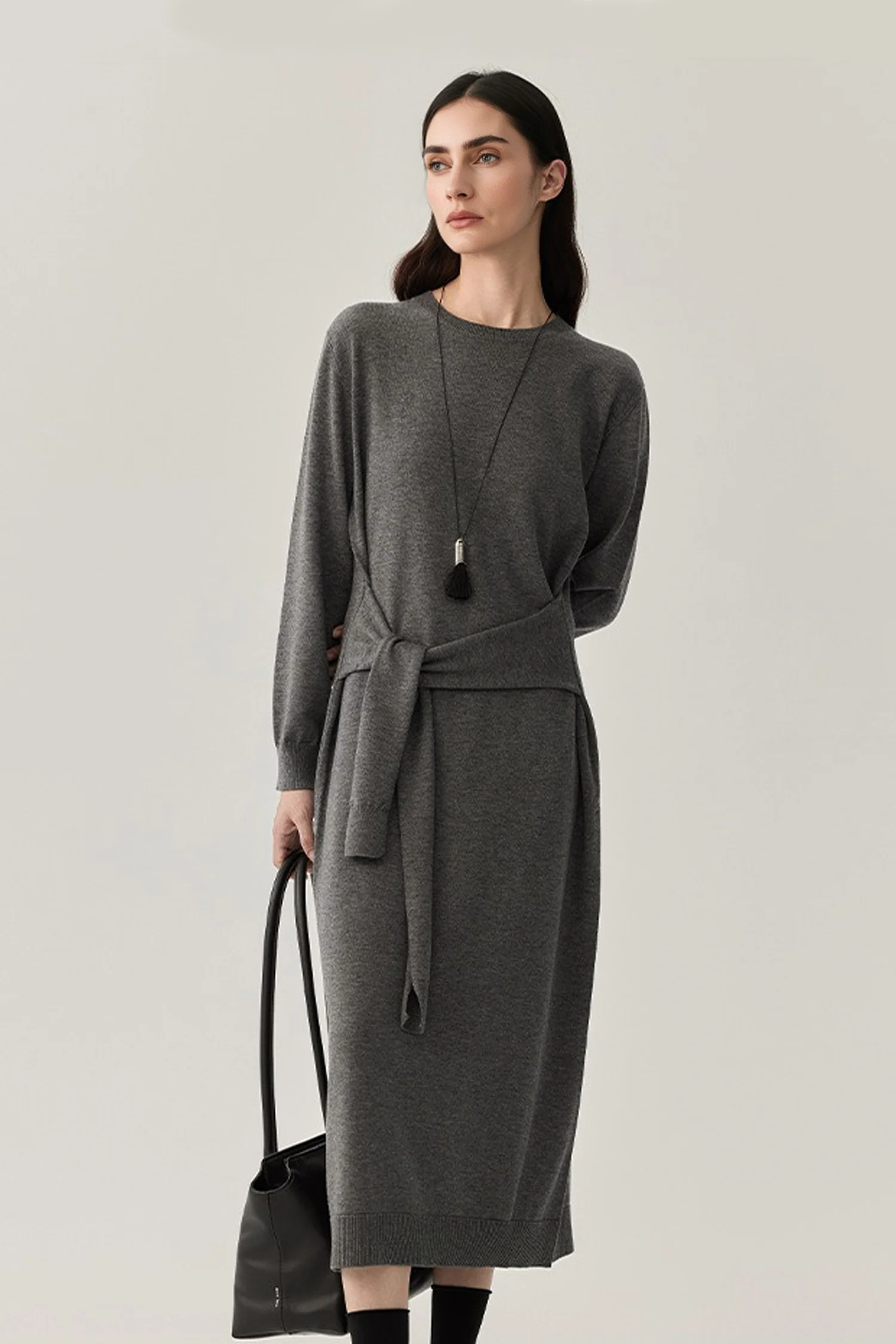Washable Wool Long Sleeve Tie-Waist Midi Sweater Dress - HBQMJX