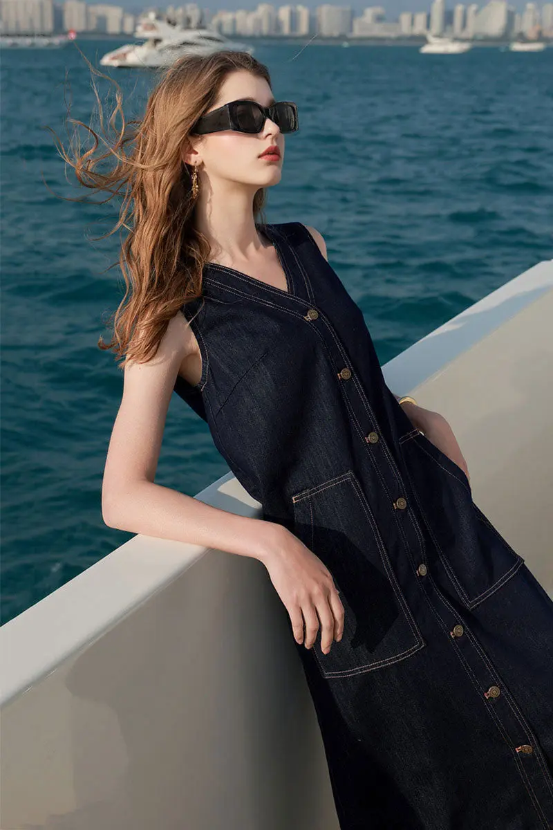 Denim V-Neck Vest Midi Dress with Pockets - HBQMJX