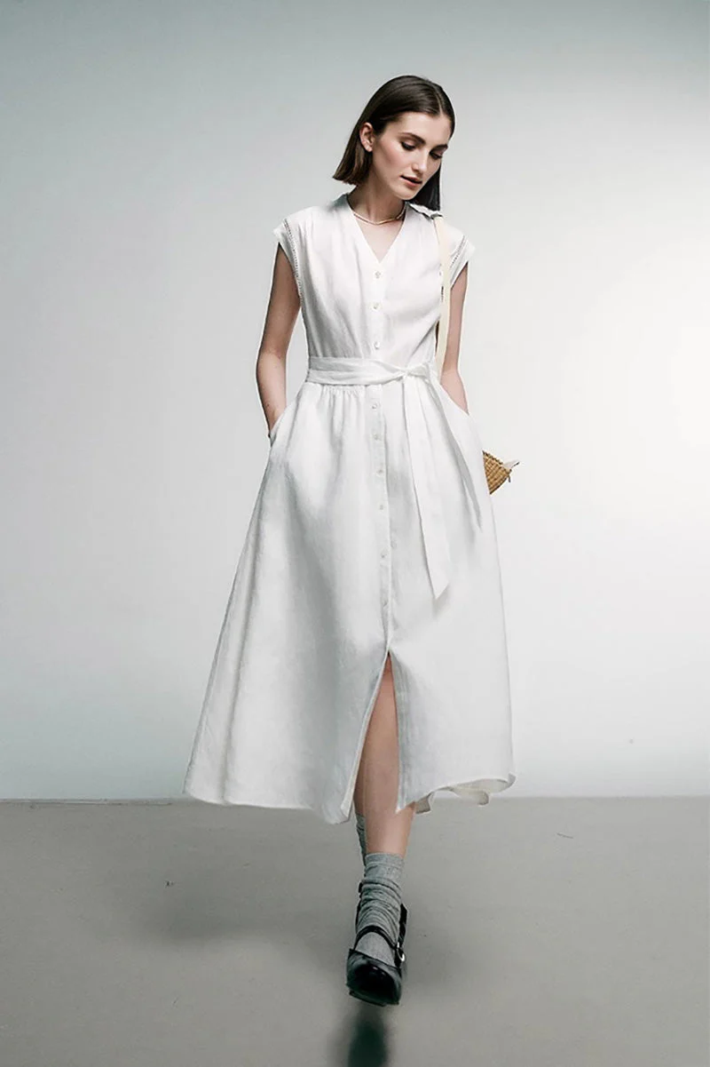White 100 Linen Cap-Sleeve Button-Front Belted Midi Dress - HBQMJX