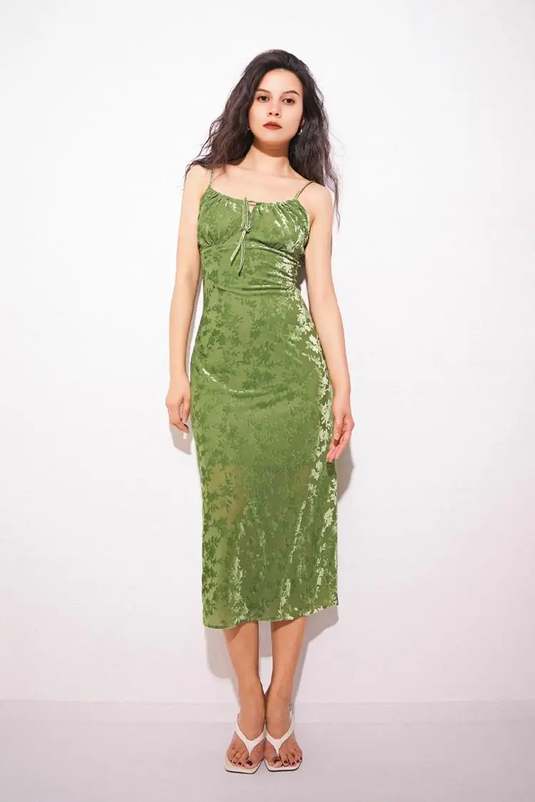 Green Velvet Floral Ruched Slip Midi Dress - HBQMJX