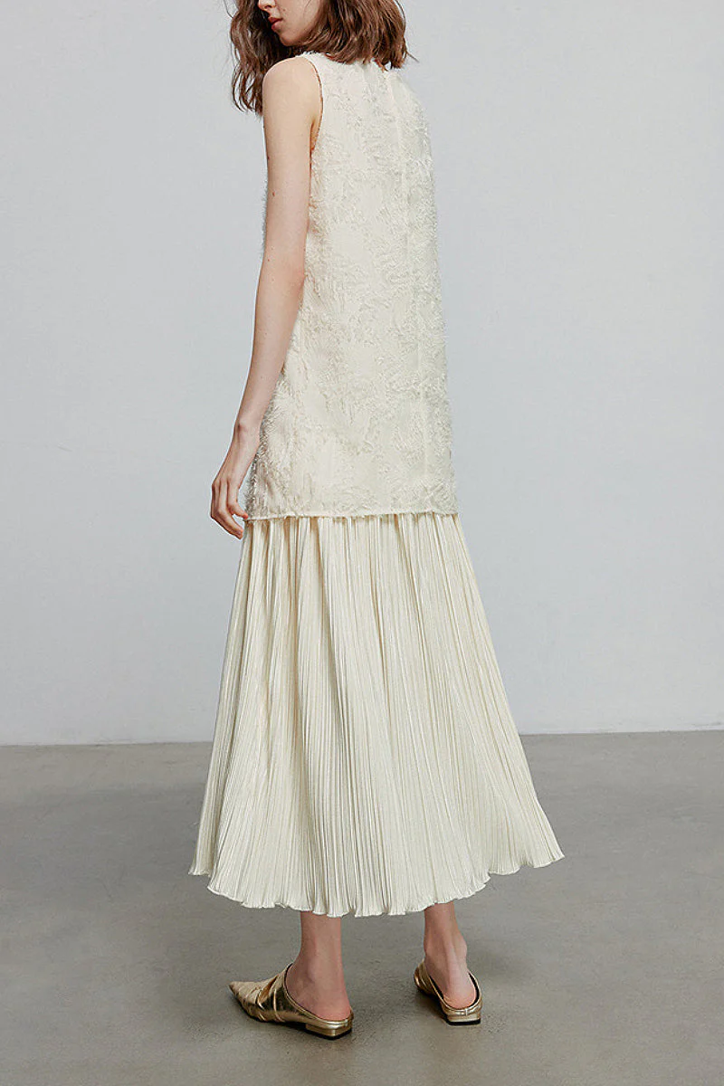 White Pleated Frayed Jacquard Mixed-Media Midi Dress - HBQMJX