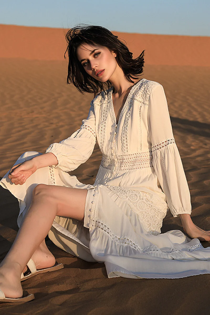 Tiered A-Line Long-Sleeve V-Neck Broderie Midi Dress with Front Buttons - HBQMJX